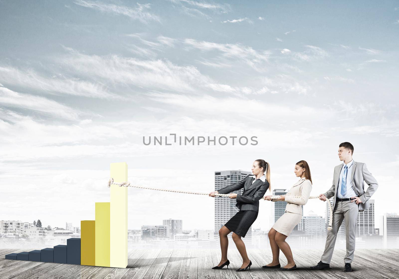 Young business people pulling up graph bar using rope