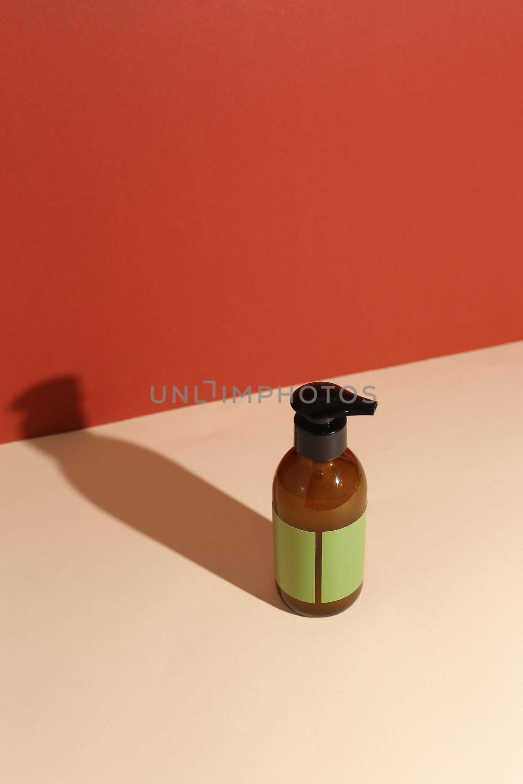 Beauty natural skincare products development concept. Dermatologist cosmetic skincare bottle with pump dispenser and organic ingredient on neutral background. by sisterspro