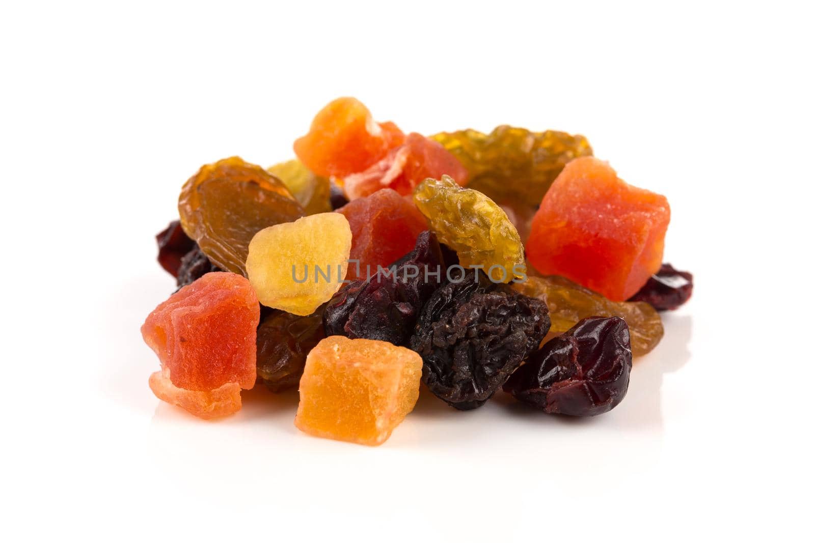 Mix variety of dried fruit over white background