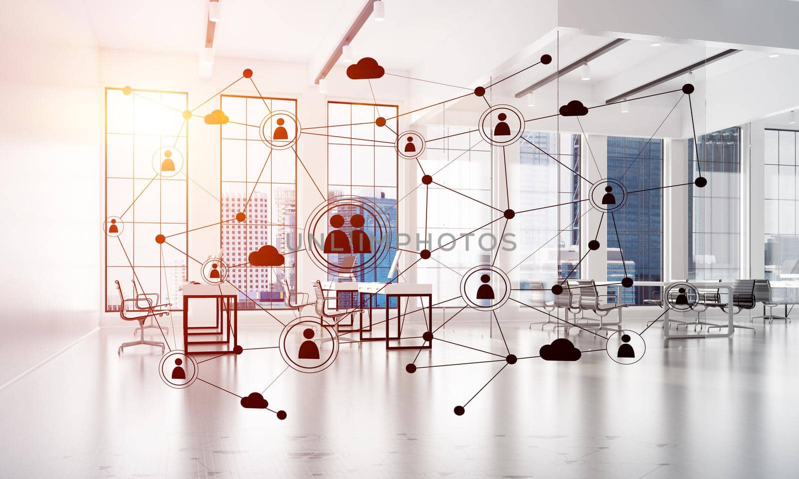 Lines connected with dots as social communication concept in office interior. 3D rendering