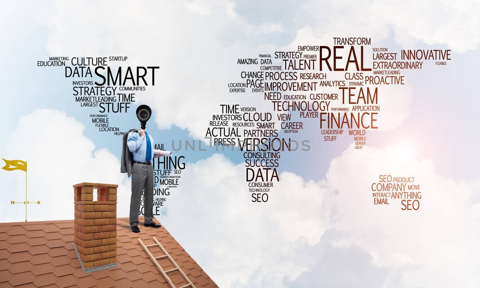 Faceless businessman with camera zoom instead of head standing on house roof