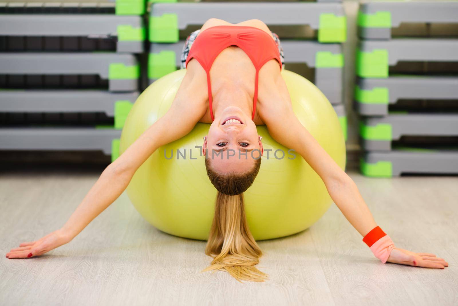 Fitness girl stretching yoga gym by Zorgen
