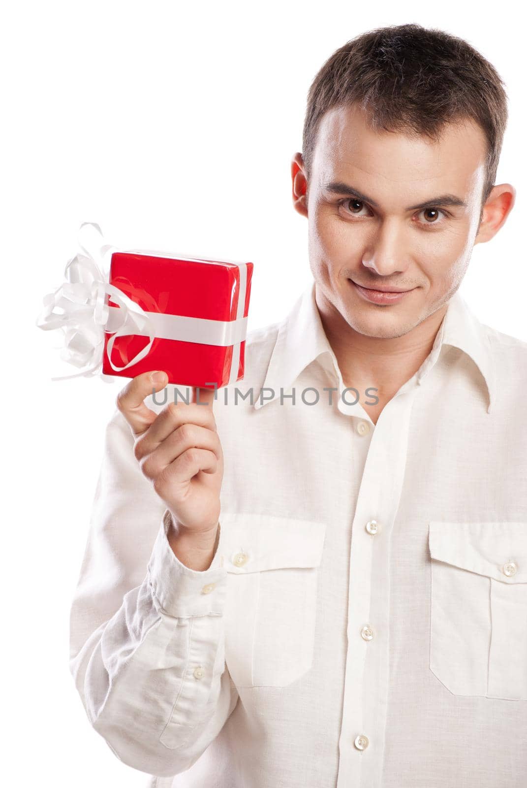 portrait of smiling man holding gift isolated on white background