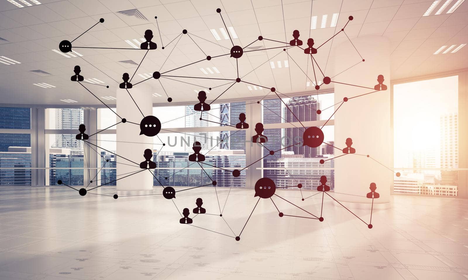 Lines connected with dots as social communication concept in office interior. 3D rendering