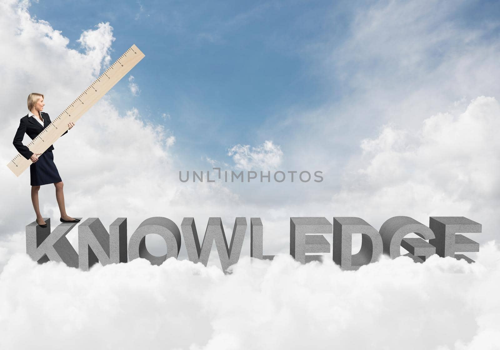 Young teacher holding big ruler on background of blue sky with clouds. Woman measuring something with big ruler. School education and science research. Testing and examination concept.