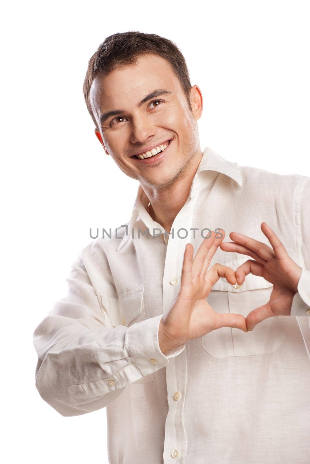 Portrait of happy man making heart from his hands by Julenochek