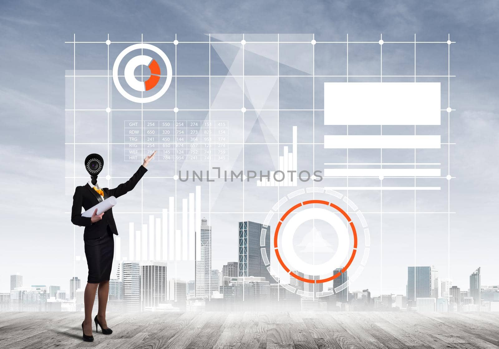 Businesswoman with camera instead of head and media user interface on screen