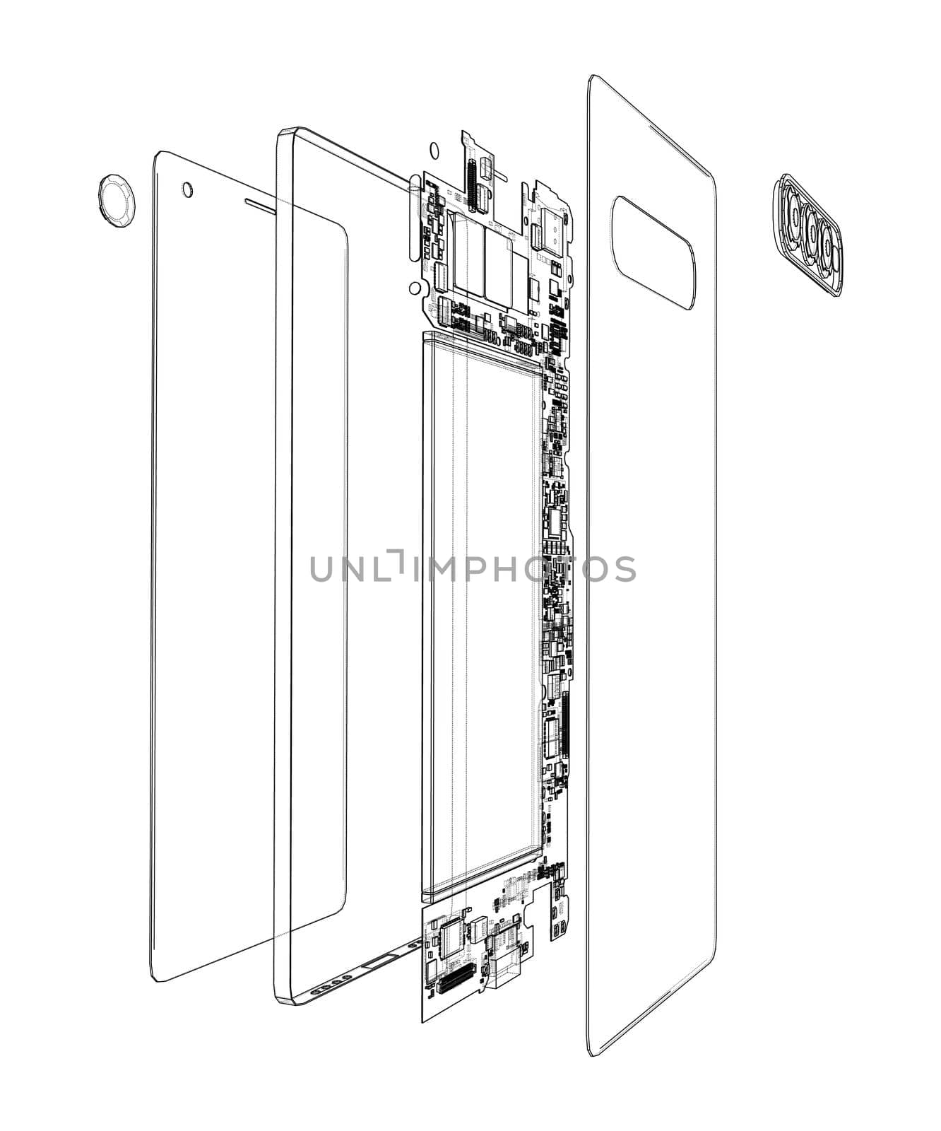 Disassembled smartphone concept outline. 3d illustration. Wire-frame style