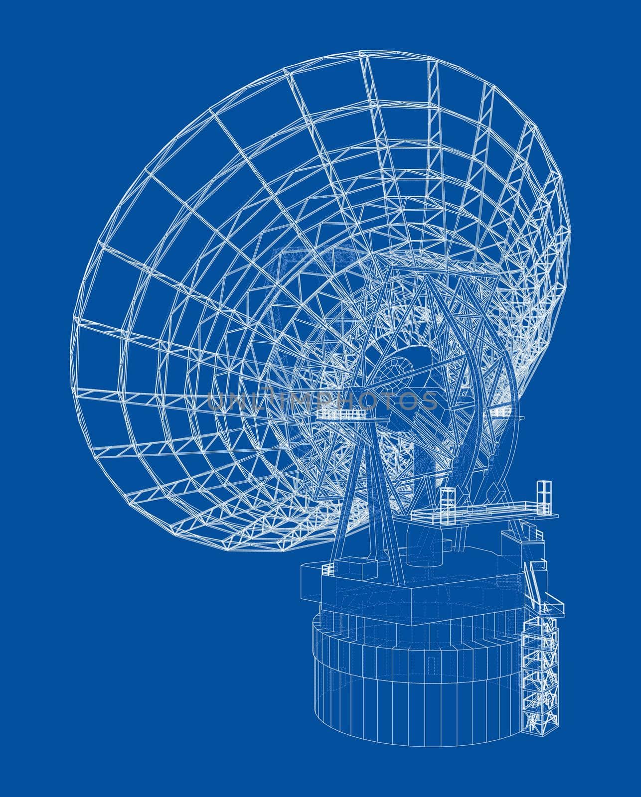 Radio Telescope concept outline. 3d illustration. Wire-frame style