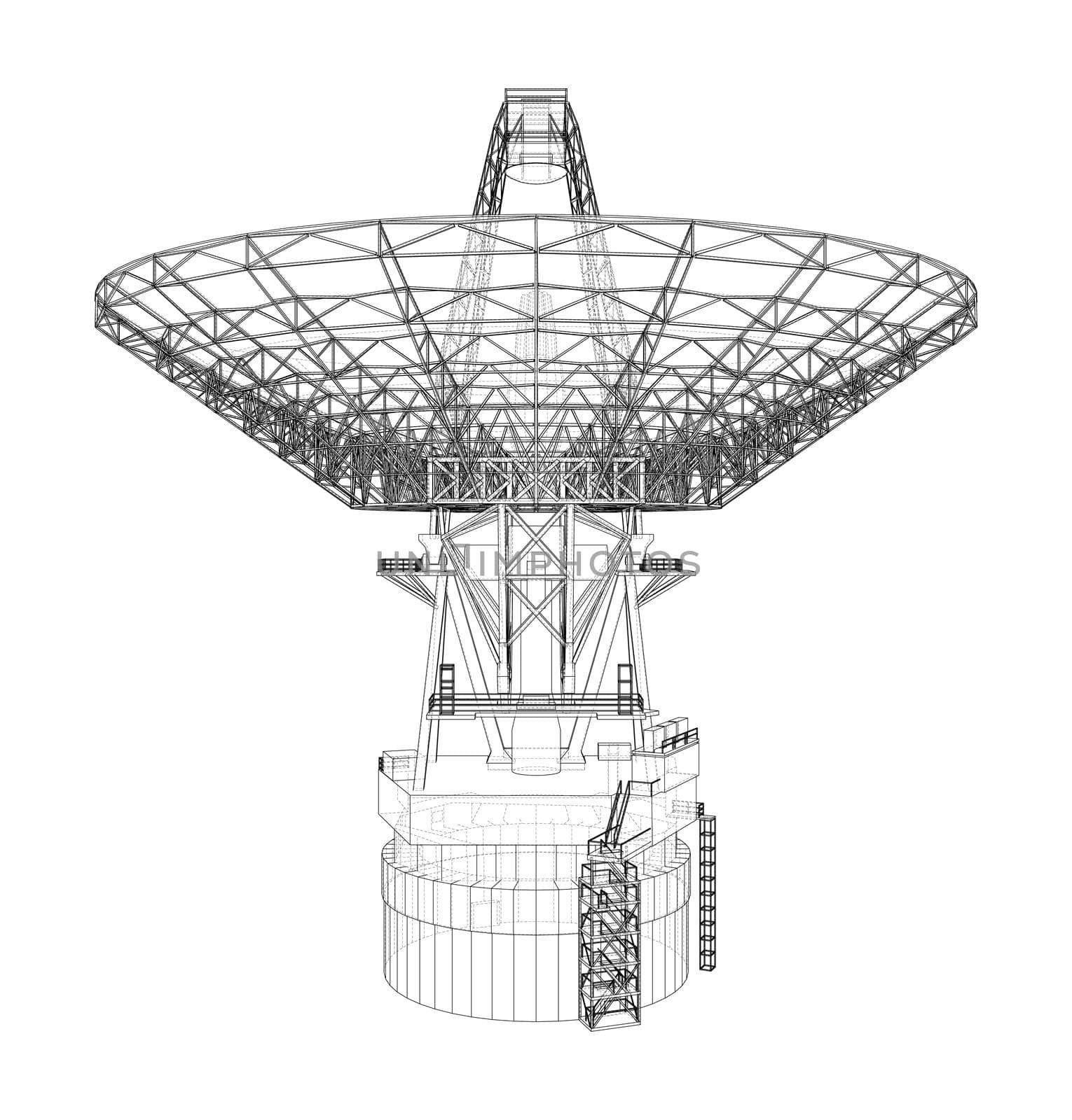 Radio Telescope concept outline. 3d illustration. Wire-frame style