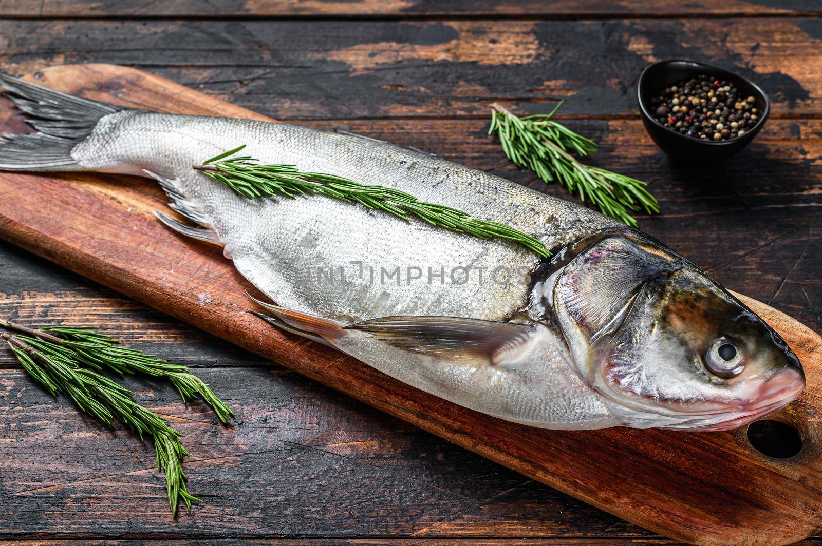 Raw fresh whole fish silver carp. Dark wooden background. Top view.