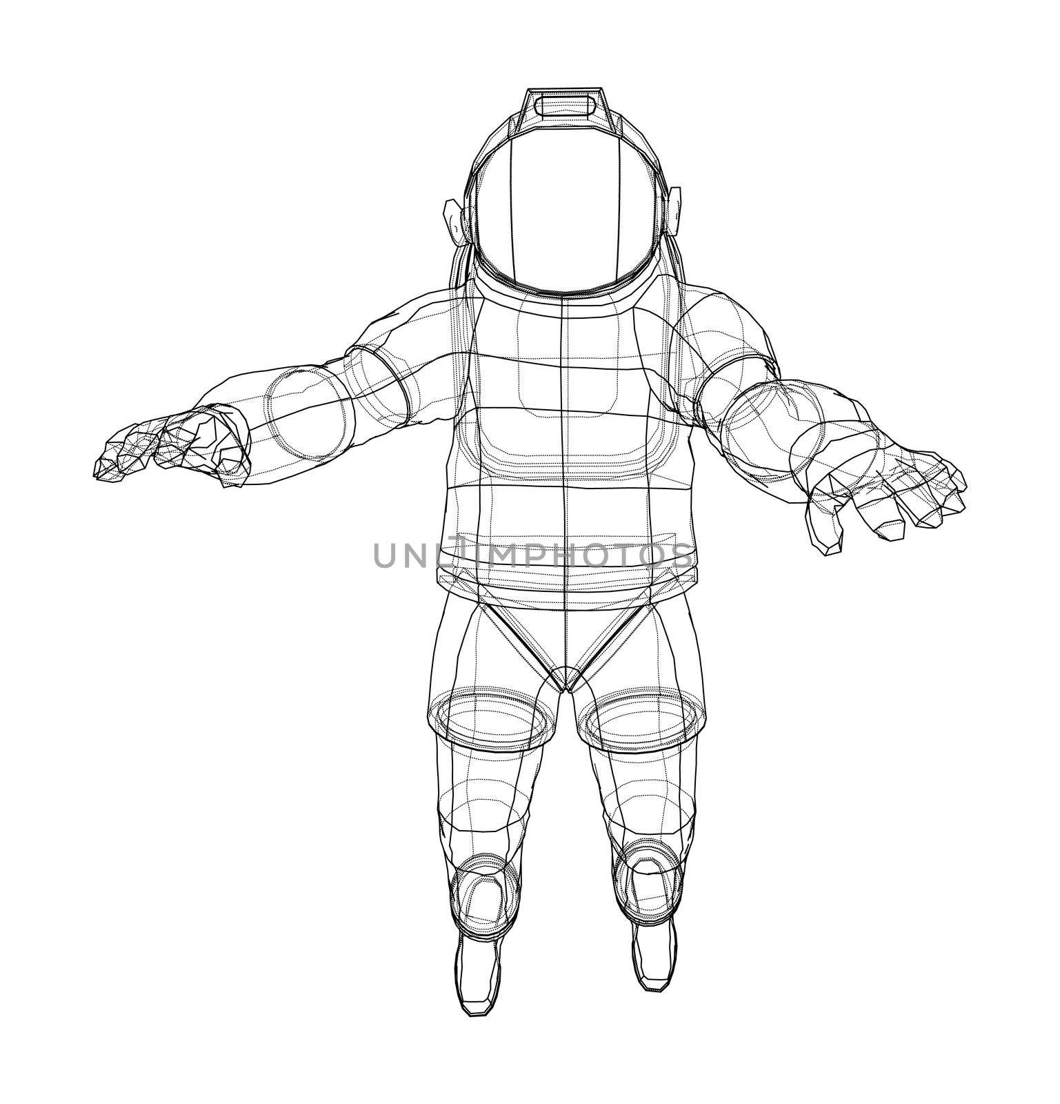 Astronaut concept. 3d illustration. Wire-frame or blueprint style