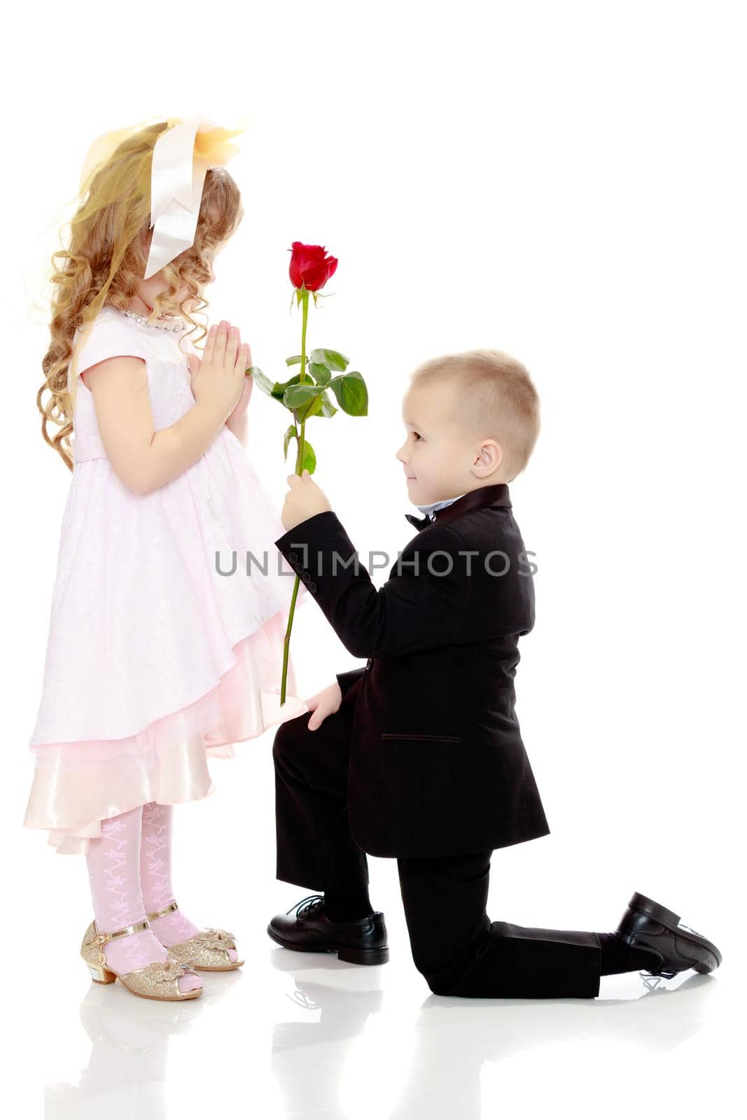 Little boy in black suit with bow tie gives a big red rose charming little girl.Isolated on white background.