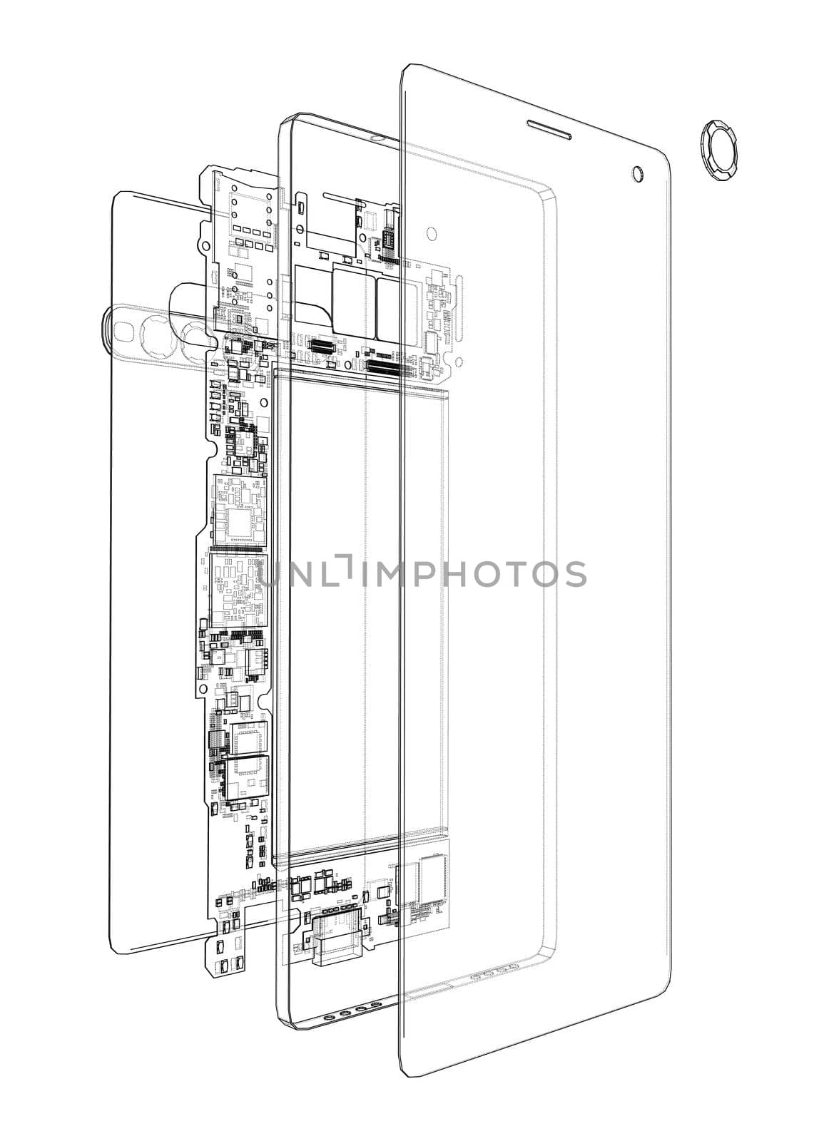 Disassembled smartphone concept outline. 3d illustration. Wire-frame style