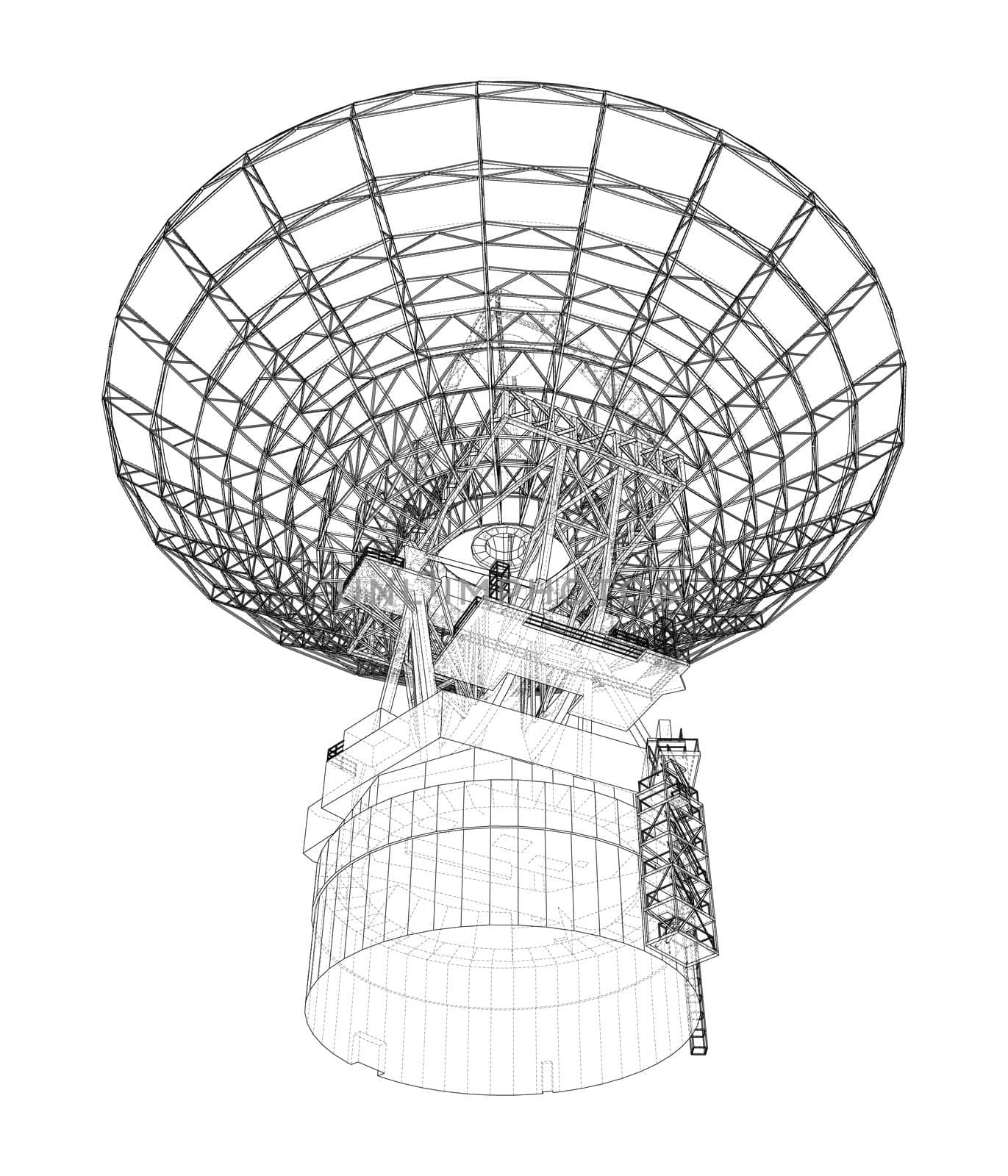 Radio Telescope concept outline. 3d illustration. Wire-frame style