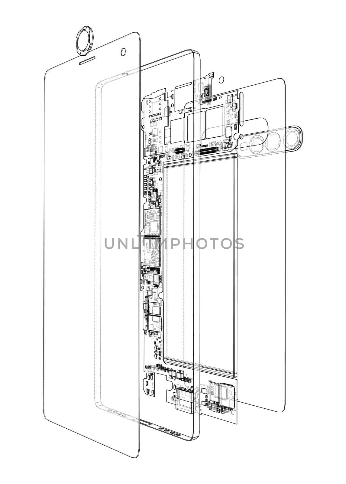 Disassembled smartphone concept outline. 3d illustration. Wire-frame style