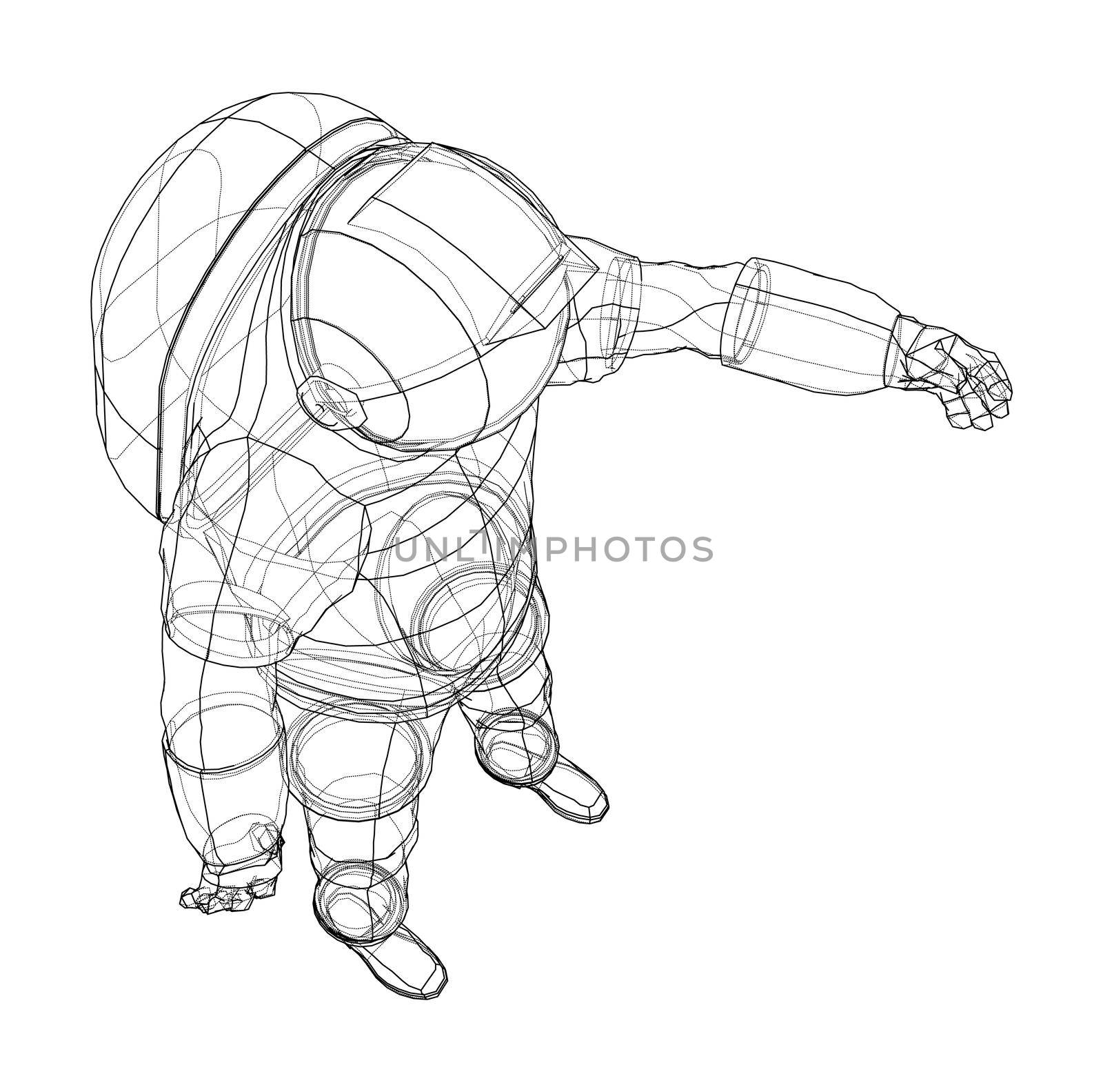 Astronaut concept. 3d illustration. Wire-frame or blueprint style