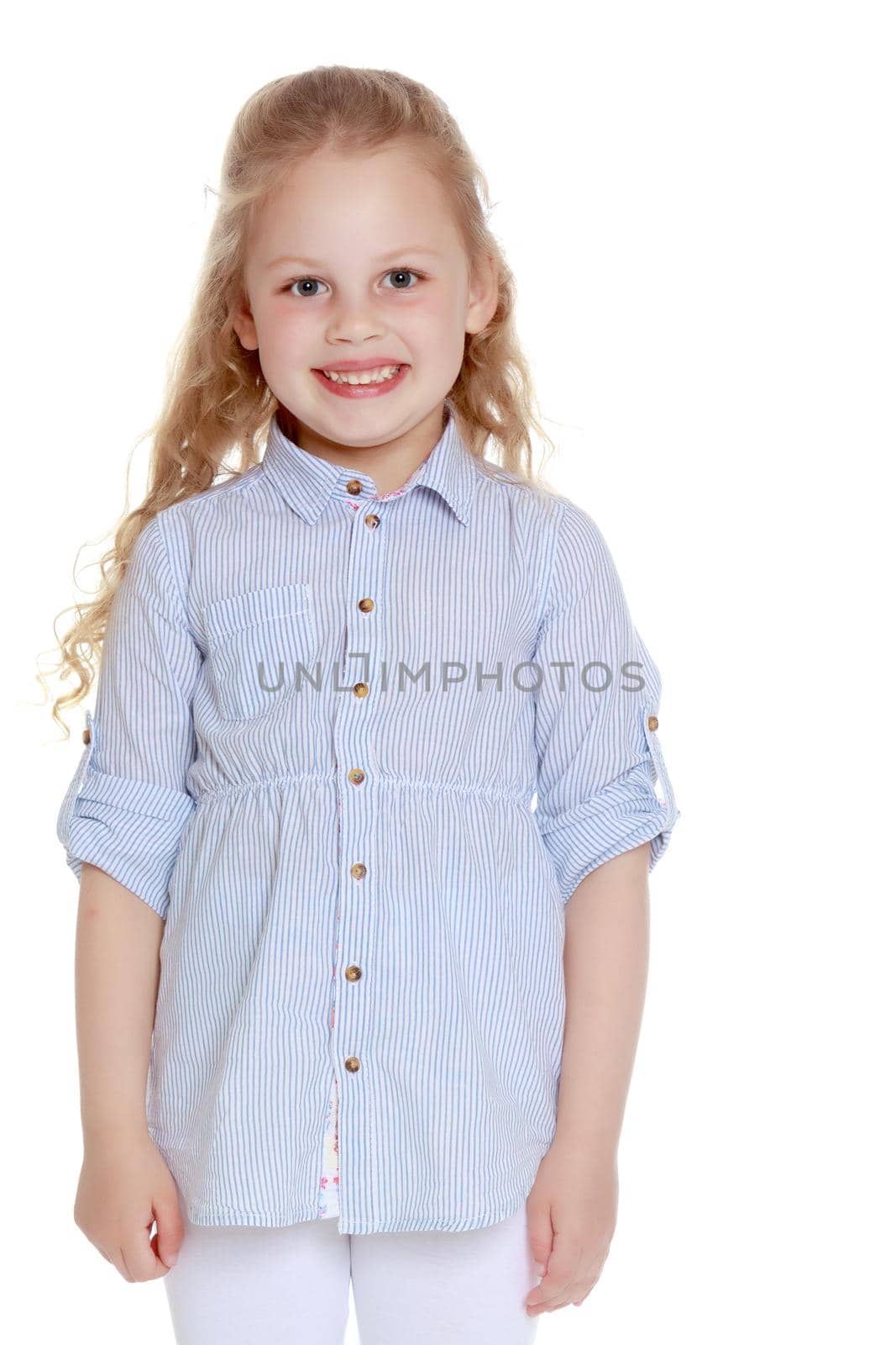 Beautiful little girl. The concept of a happy childhood, family well-being. Isolated on white background.