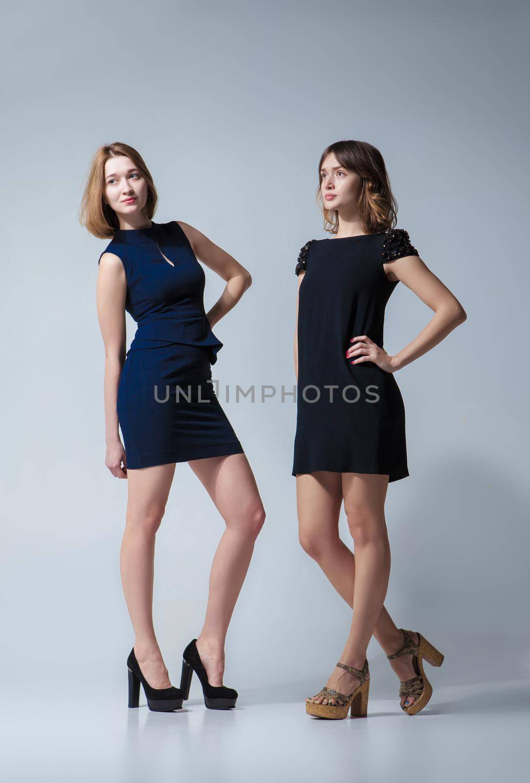 Two beautiful woman posing in a fancy dresses. Studio shooting