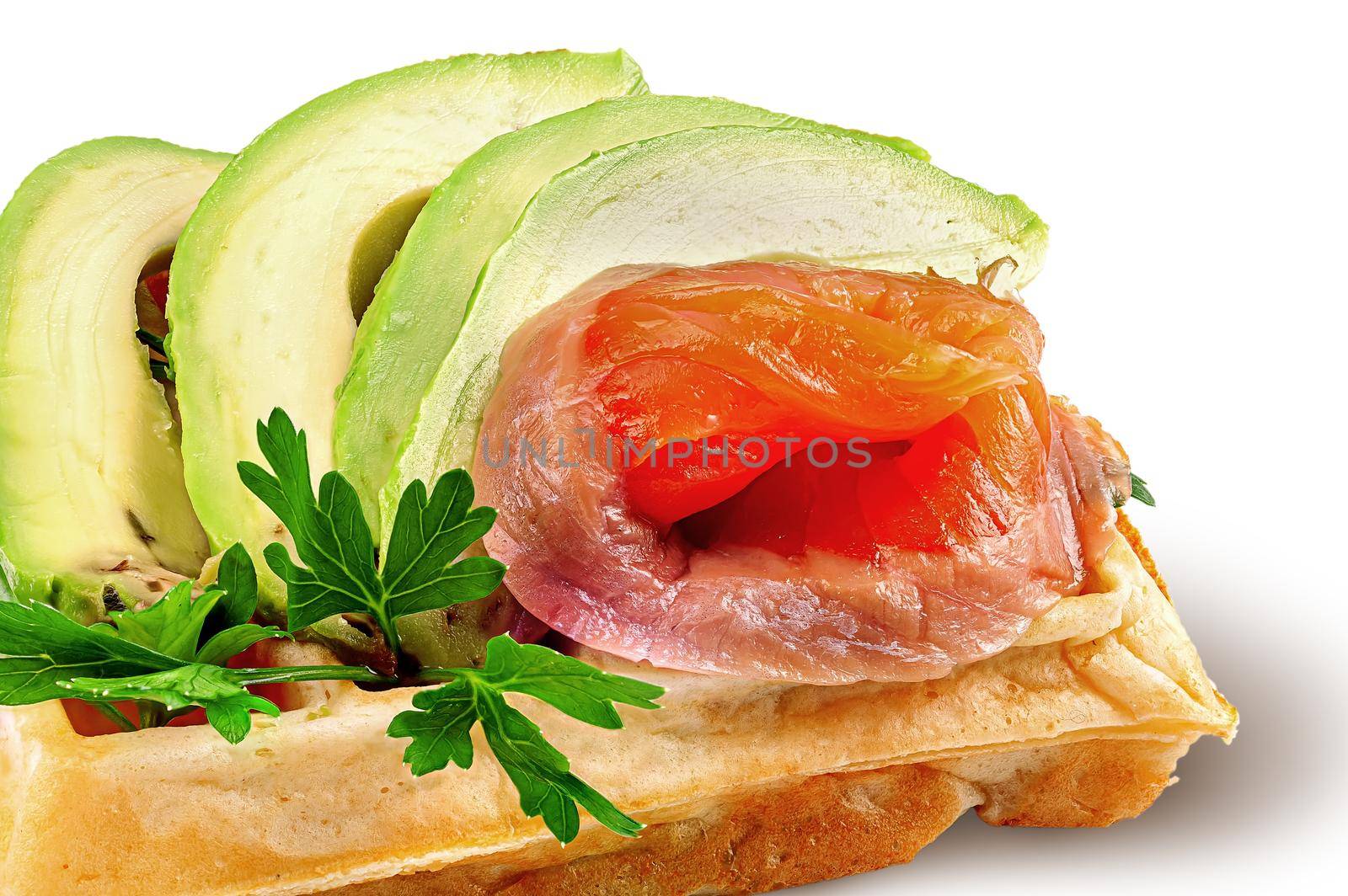Closeup french waffle with avocado and salmon by Cipariss