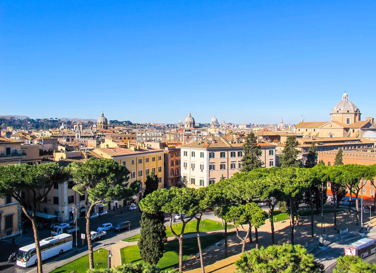 Aerial view of city Rome Italy from Vittorio Emanuele II Monument in winter 2012. Beautiful Italian Stone Pines