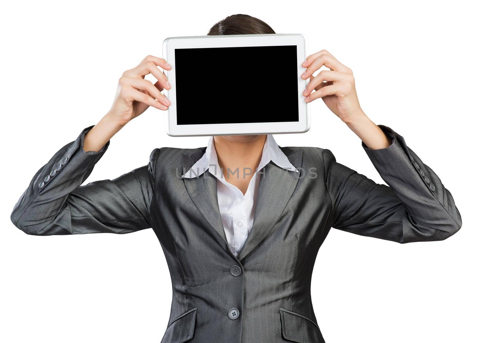 Portrait of woman covering her face with tablet computer. Businesswoman showing tablet PC with blank screen. Corporate businessperson isolated on white background. Digital technology layout.