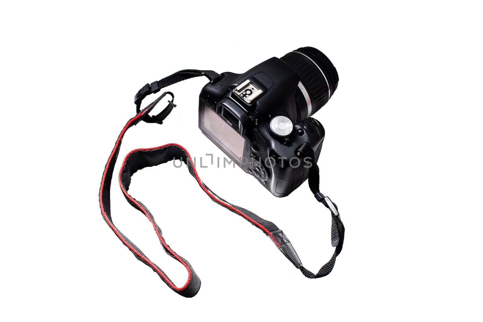 One black camera isolated on white background