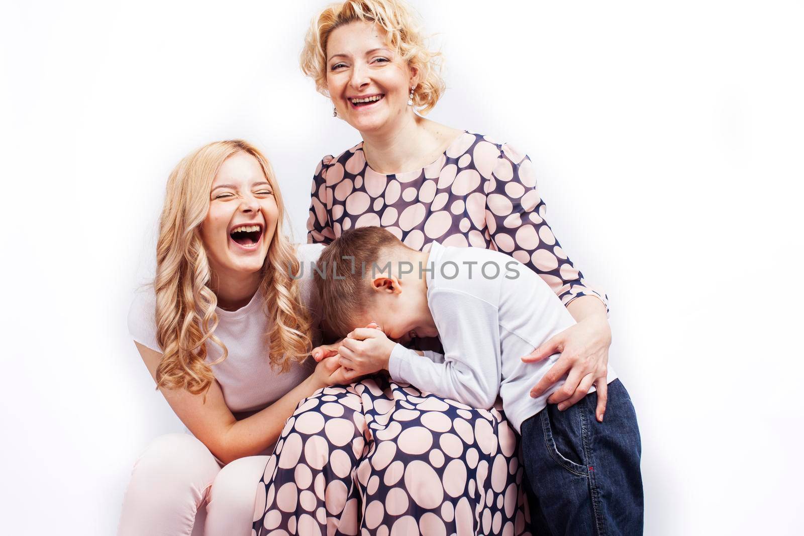 happy smiling blond family together posing cheerful on white background, generation concept. lifestyle people close up