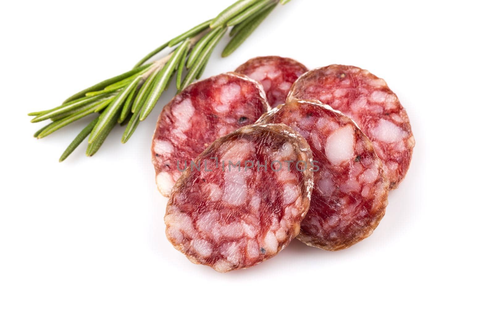 slices of salami isolated on a white background