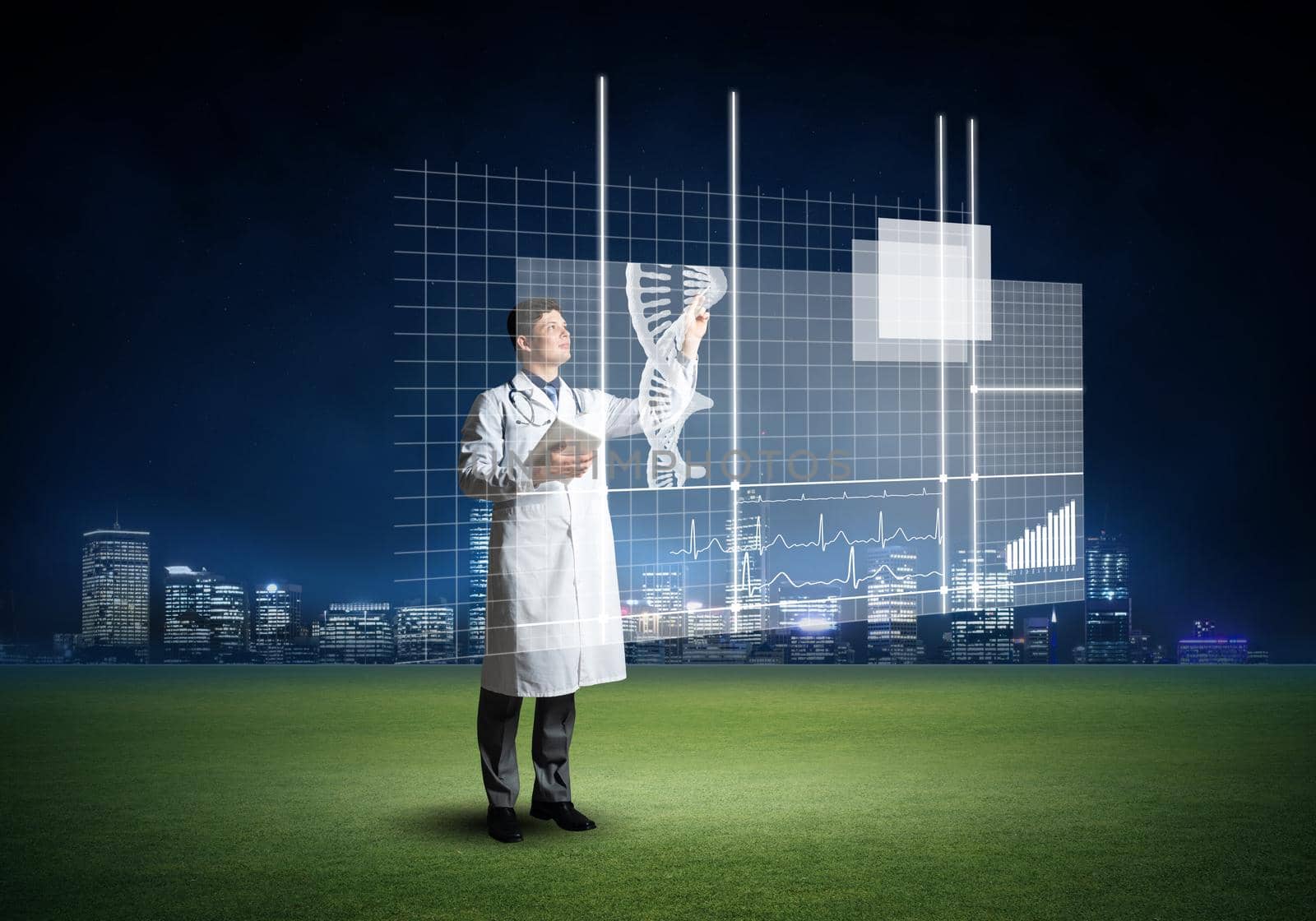 Doctor faces digital interface. With tablet. Digital concept in medicine