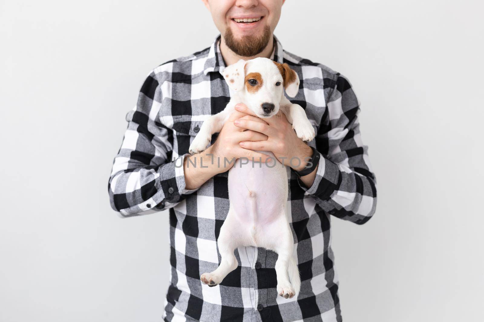 people, pets and dogs concept - close up of man hugging funny puppy on white background by Satura86
