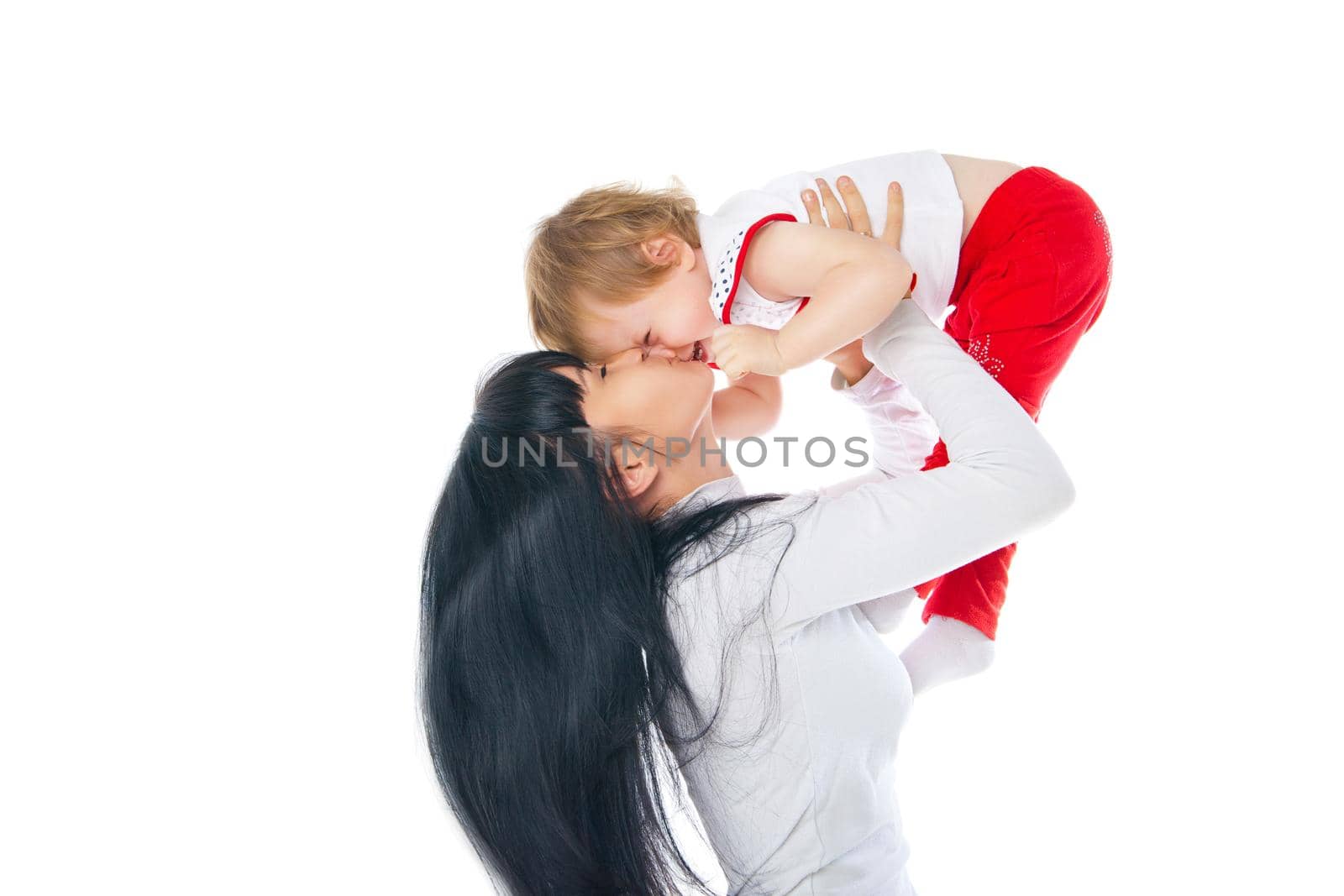 mother and baby playing isolated on white background