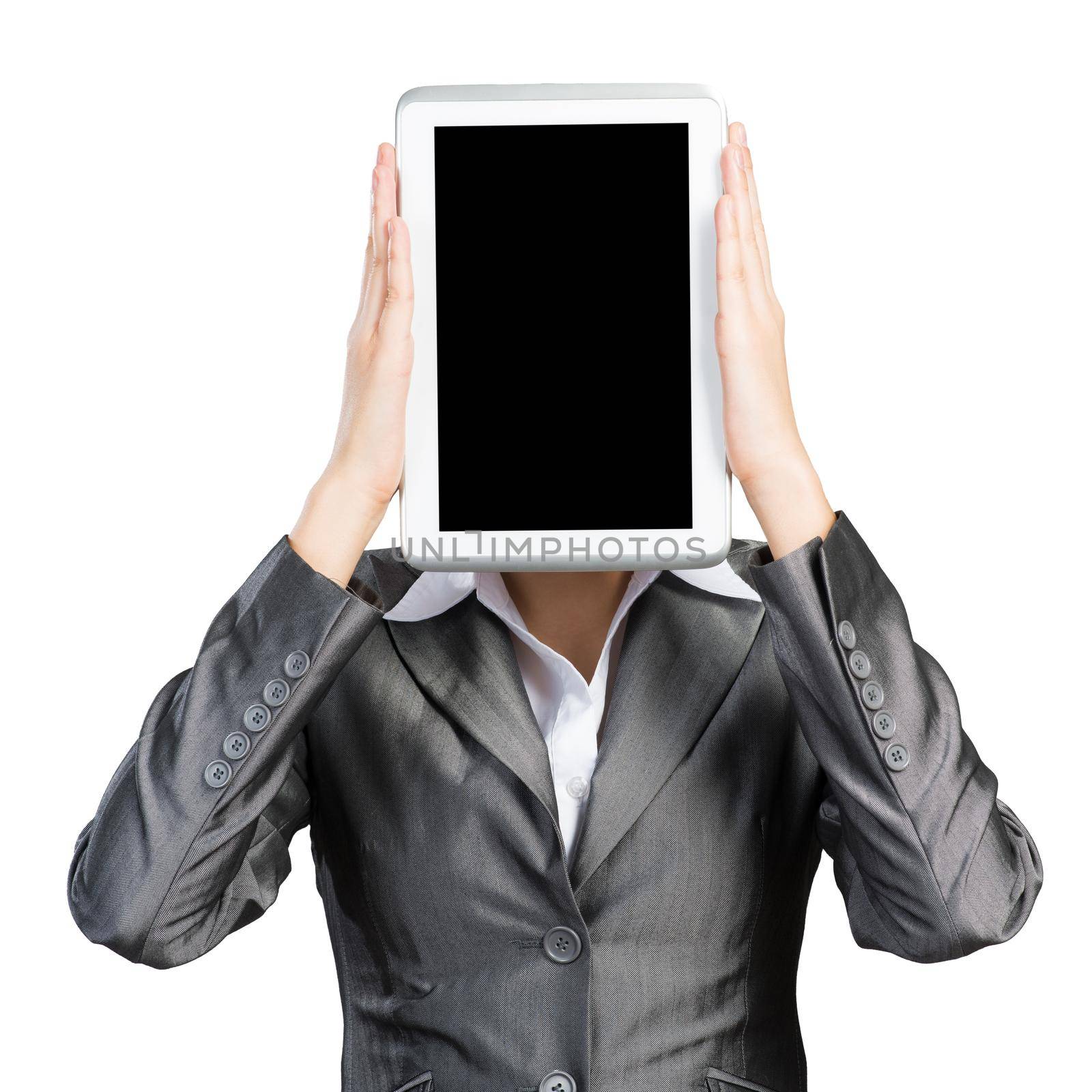 Woman covering her face with tablet computer by adam121
