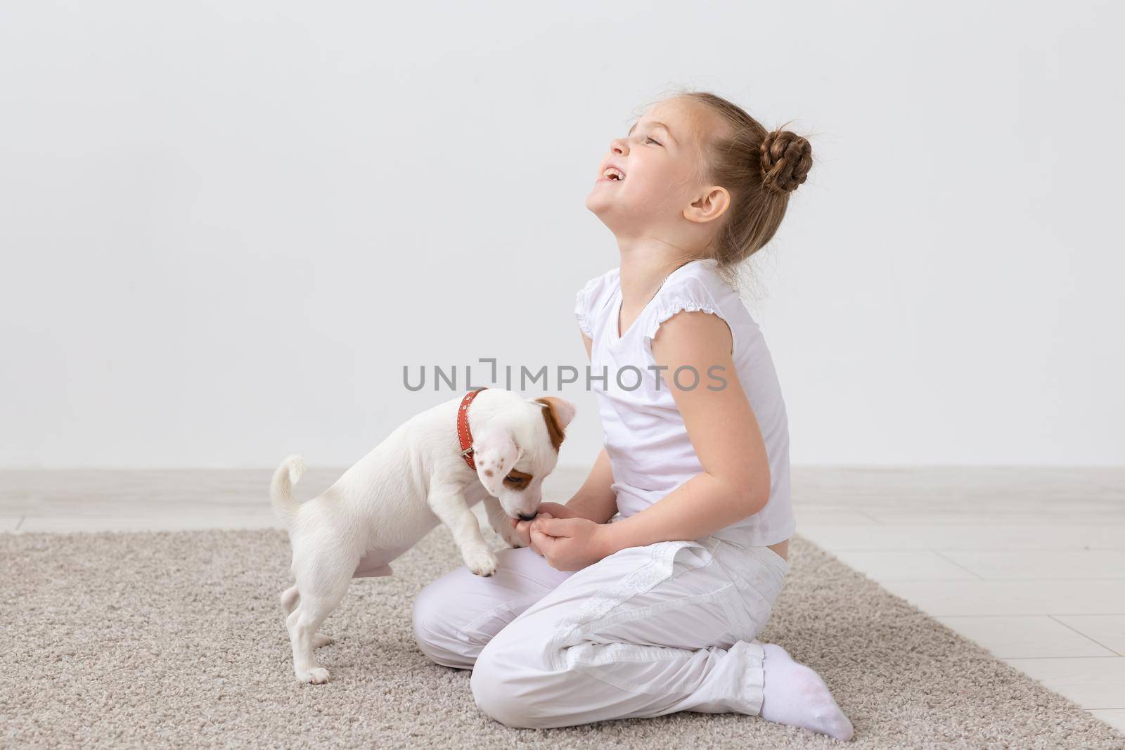 Animals, children and pets concept - little child girl sitting on the floor with cute puppy and playing by Satura86