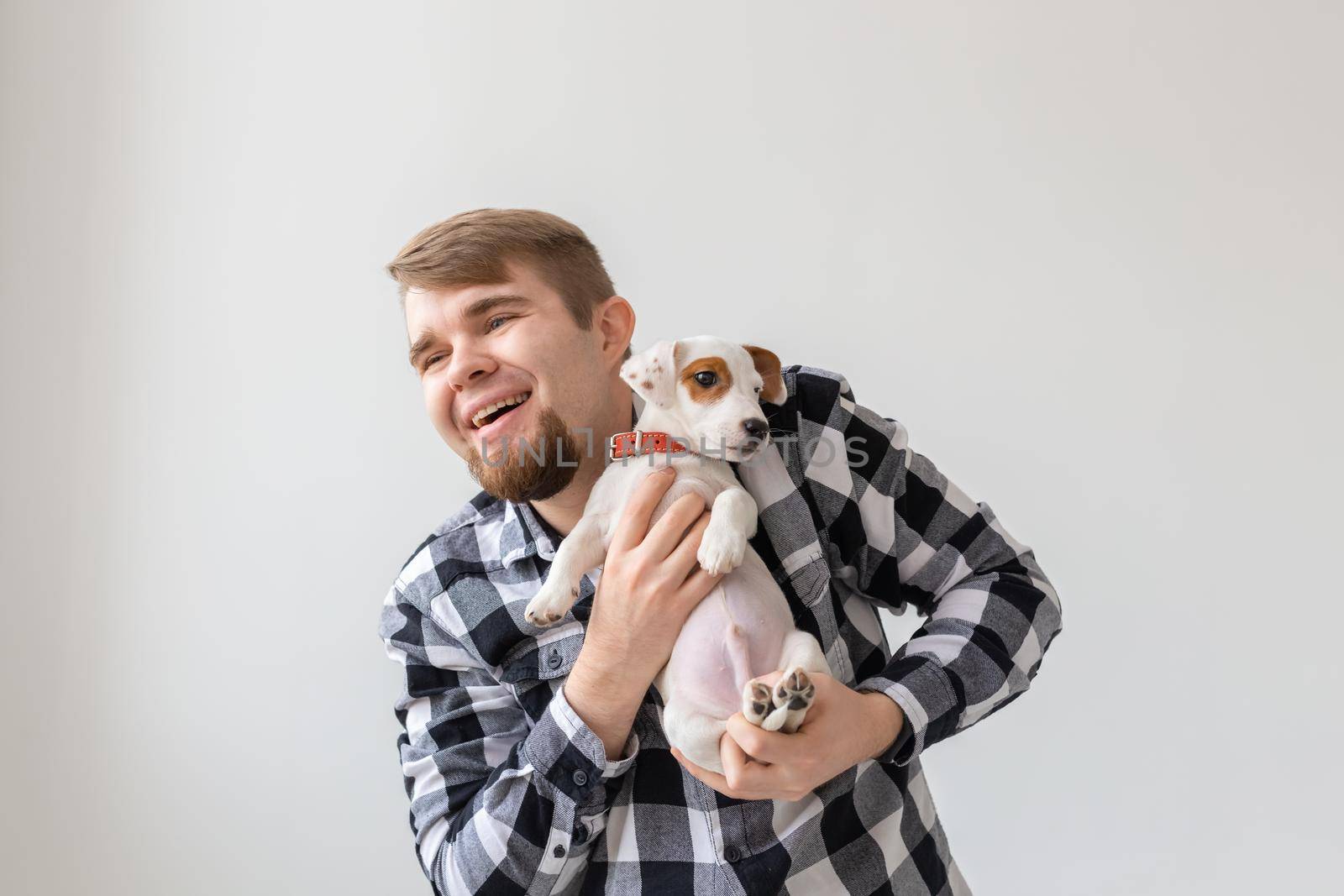 people, pets and animals concept - handsome man holding jack russell terrier puppy on white background by Satura86