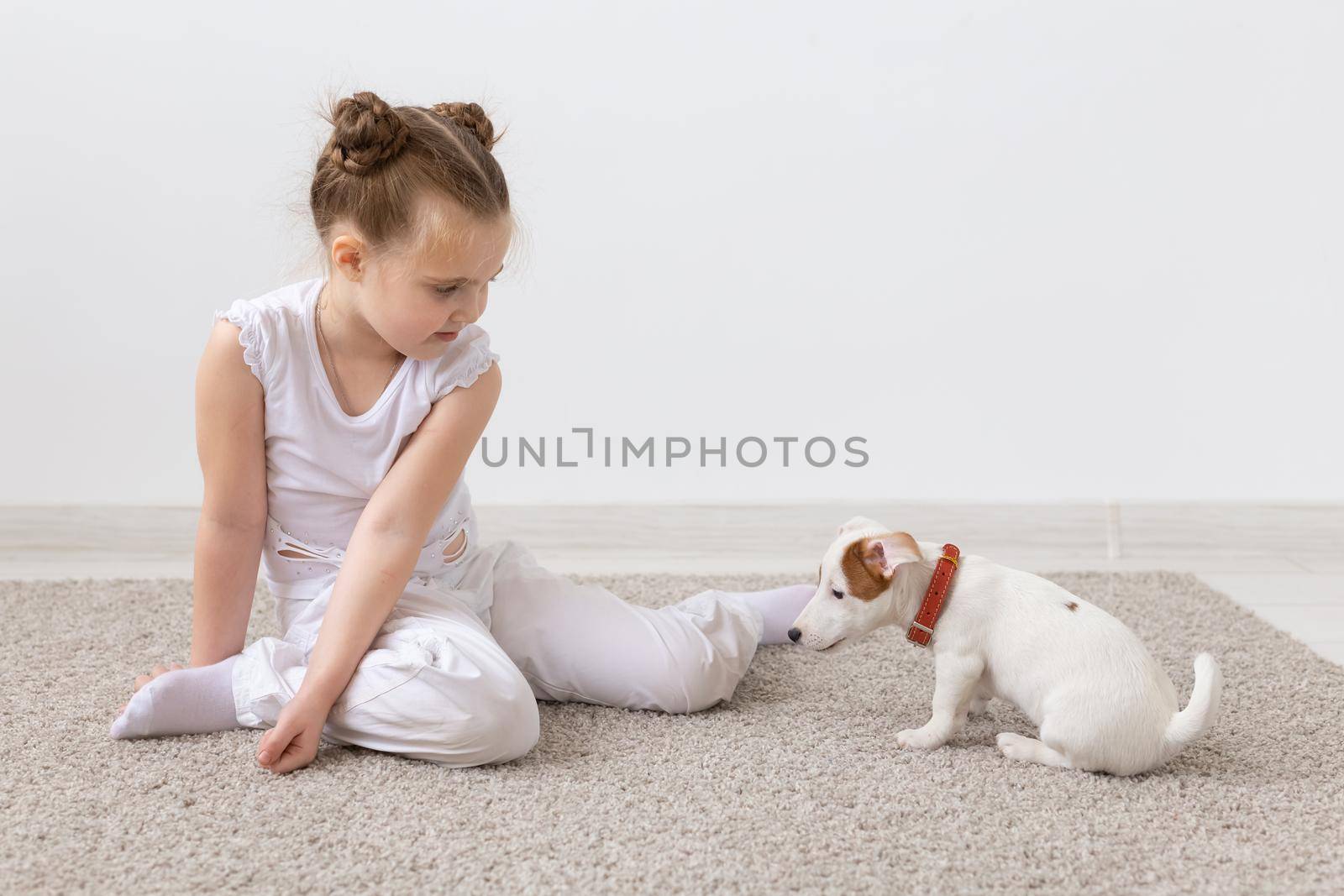 Children, pets and animal concept - Child girl play with her puppy indoors.