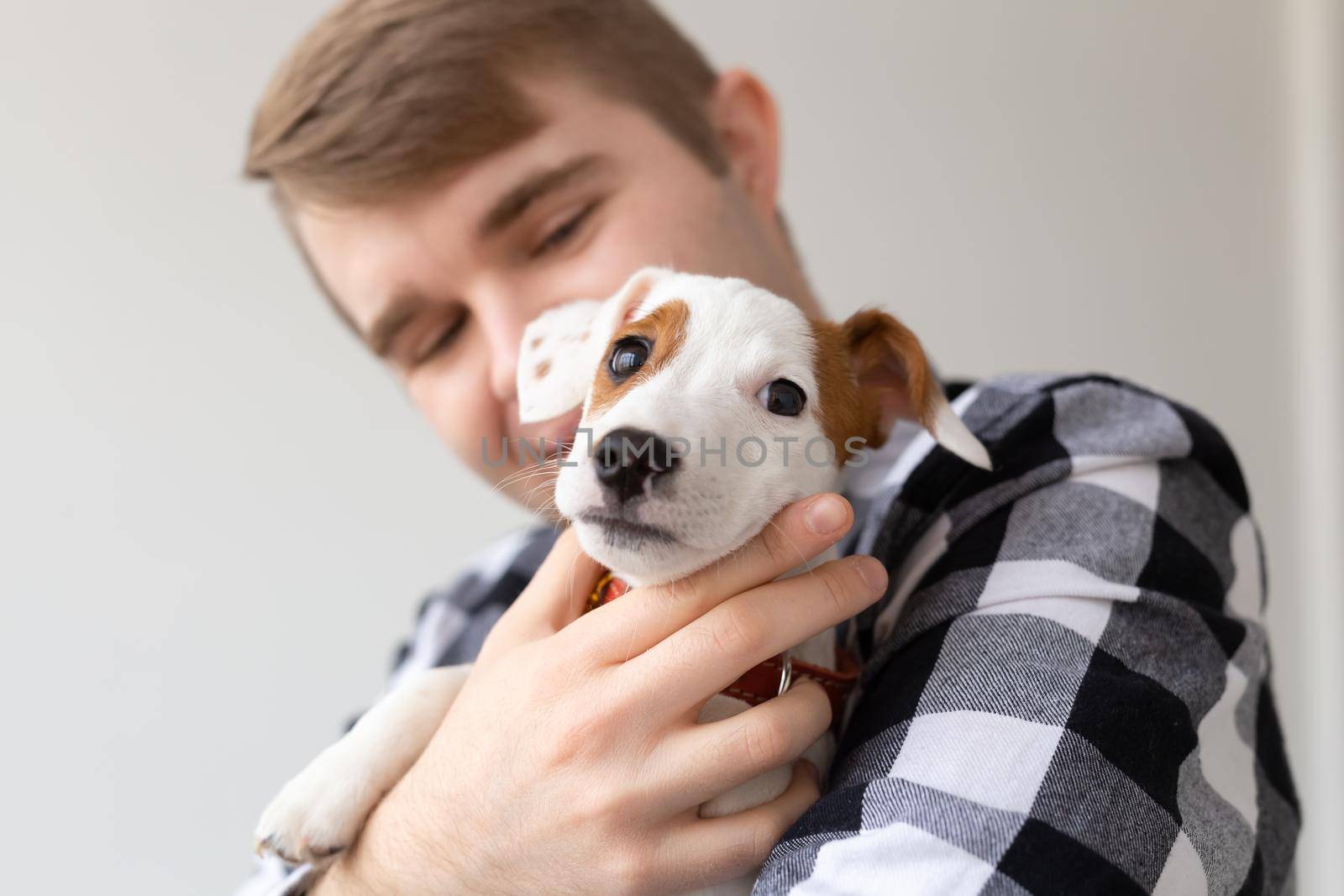 people, pets and animals concept - close up of young man holding jack russell terrier puppy by Satura86