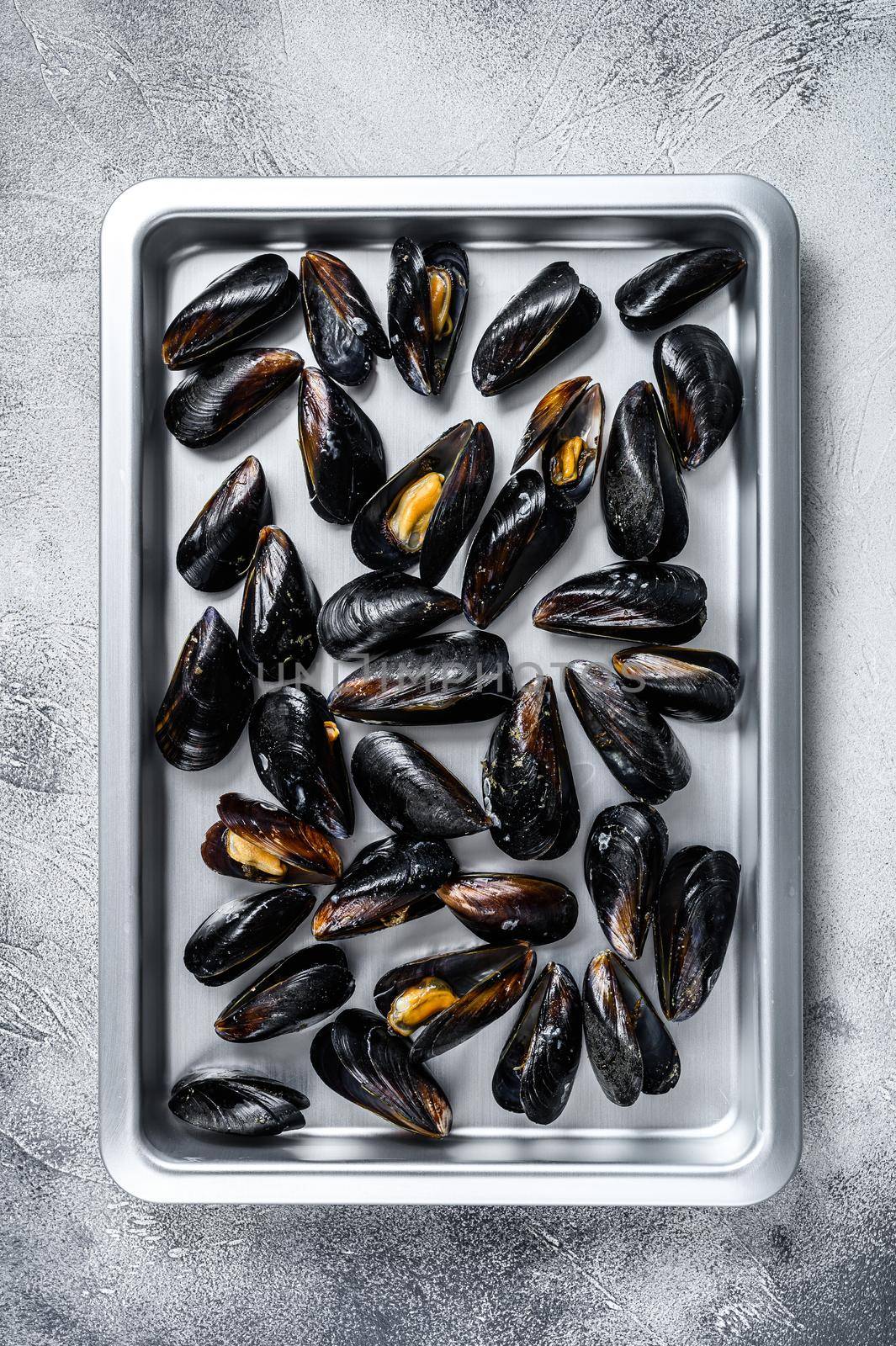 Raw blue mussels shells in kitchen steel tray. White background. Top view by Composter