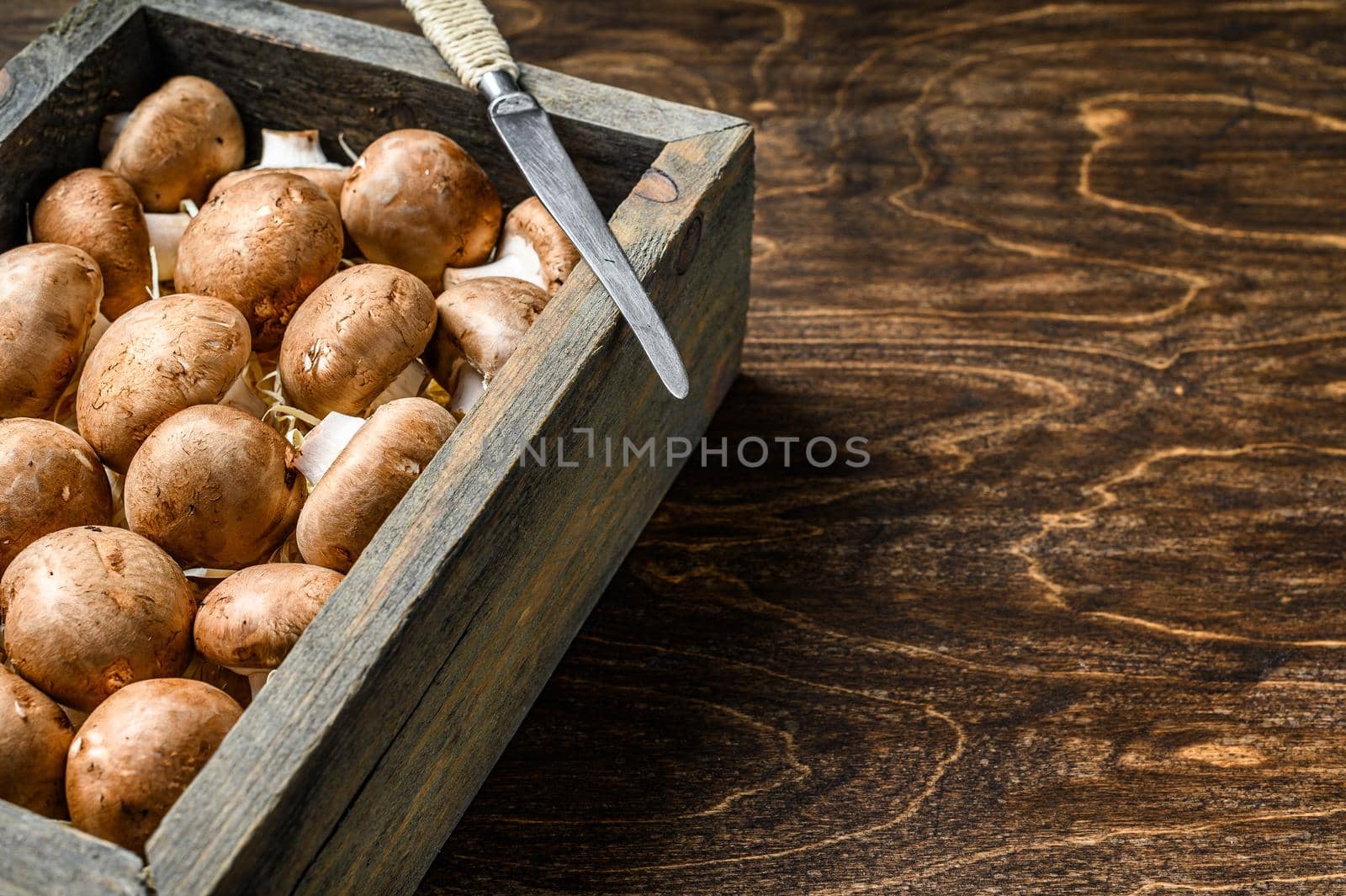 Raw Fresh champignon mushrooms in a wooden box. Dark background. Top view. Copy space.