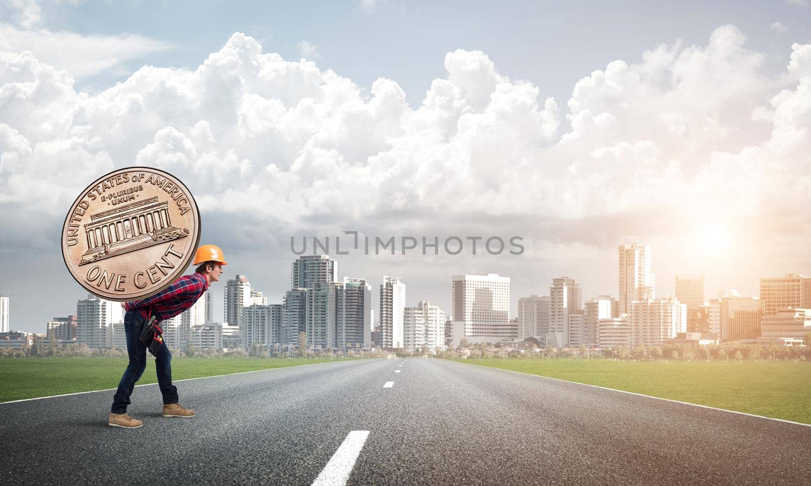 Builder man carrying on his back big cent coin