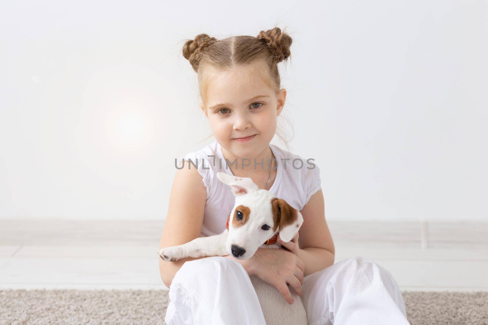 People, pets and animal concept - Little girl sitting on the floor over white background and holding puppy Jack Russell Terrier by Satura86