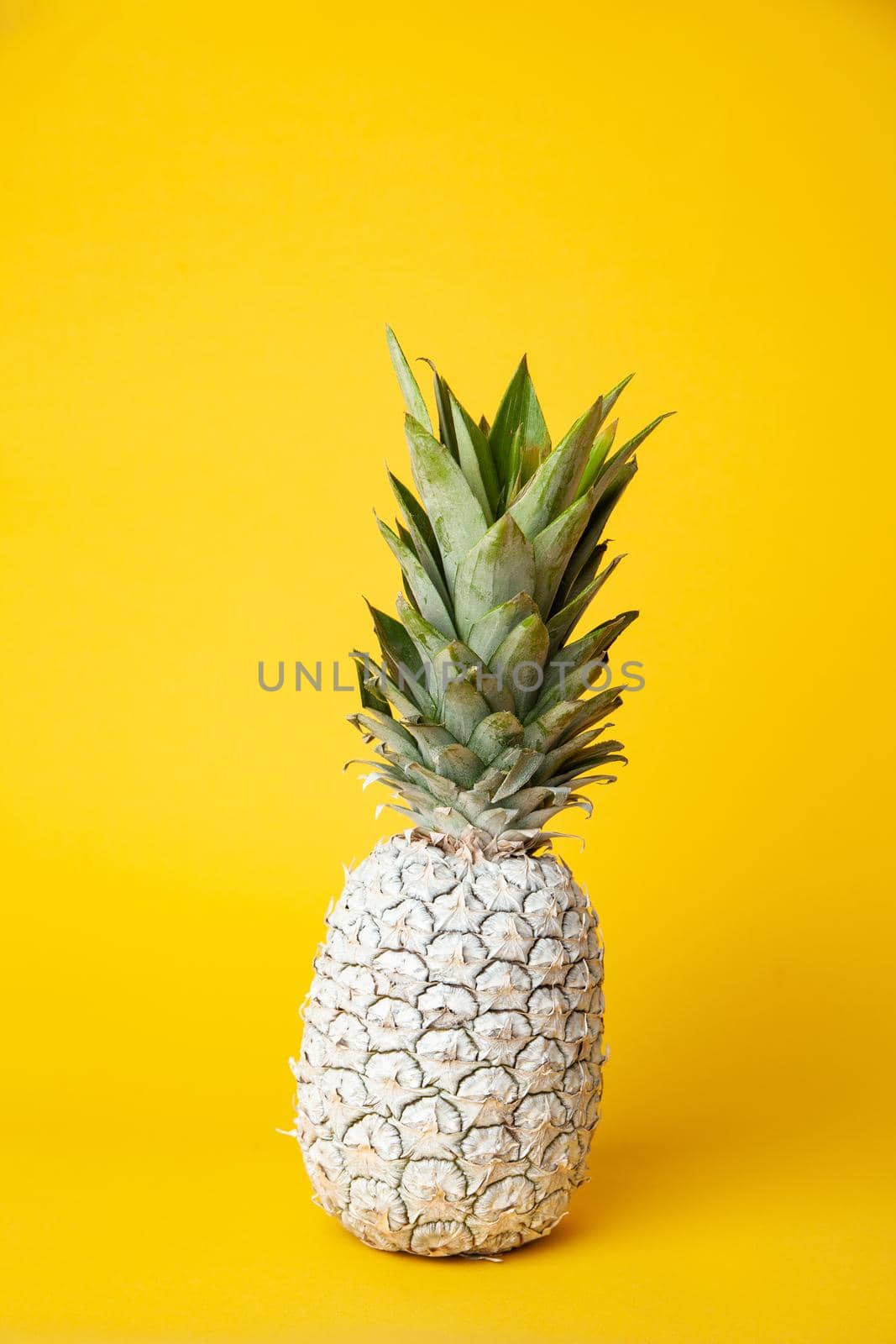 White whole fresh pineapple placed on table in modern studio on yellow background