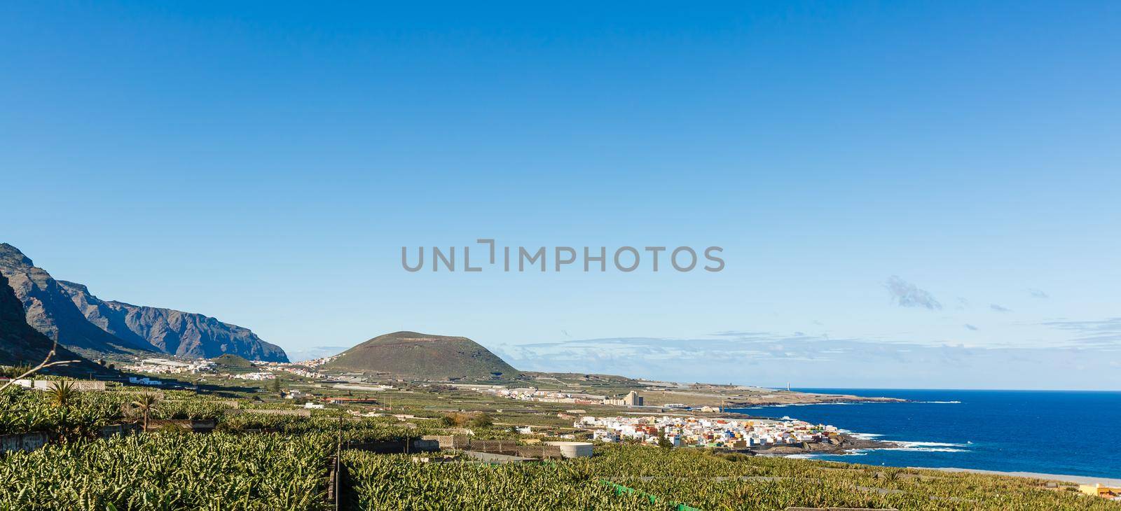 Aerial view of Garachico village on the coast of Atlantic ocean in Tenerife island of Spain
