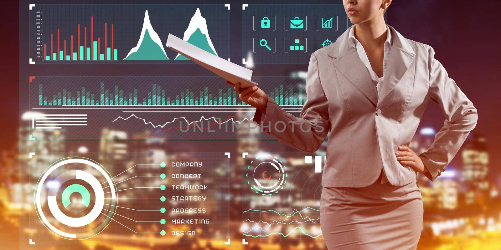 Close view of businesswoman against virtual panel interface holding papers in hand