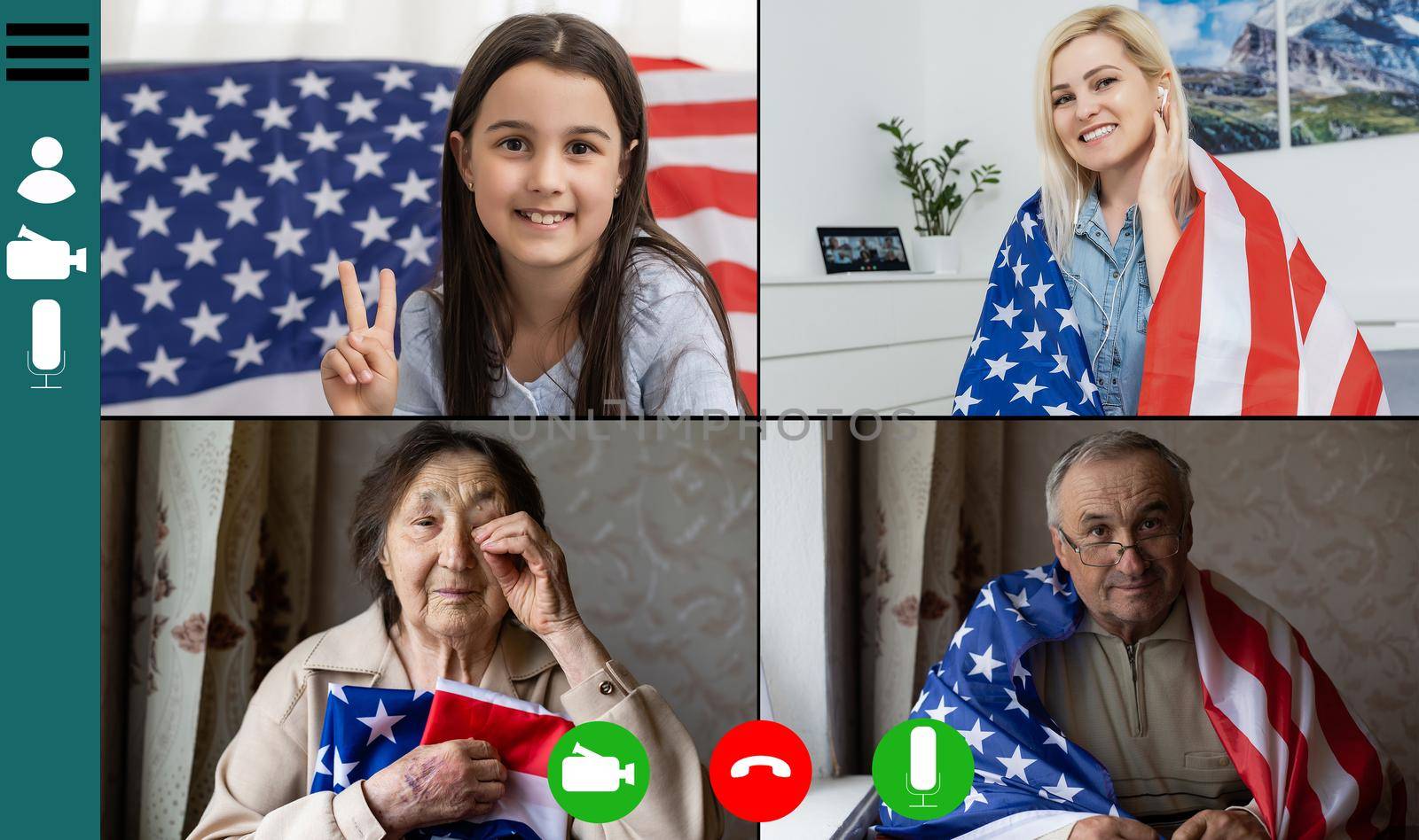 Online party with loved ones from USA. Celebrating video chat. Virtual party via video messenger. Americans are video chatting