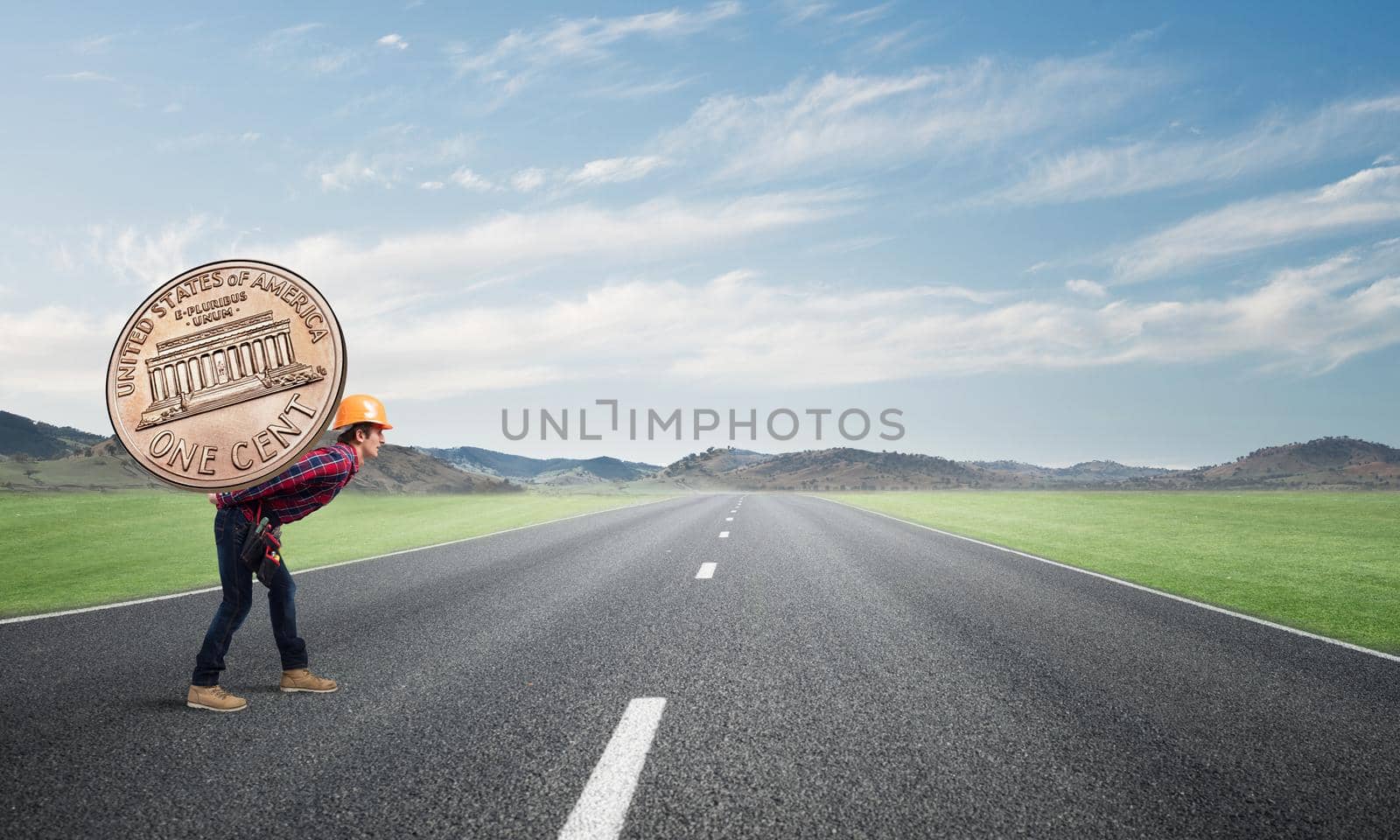 Builder man carrying on his back big cent coin