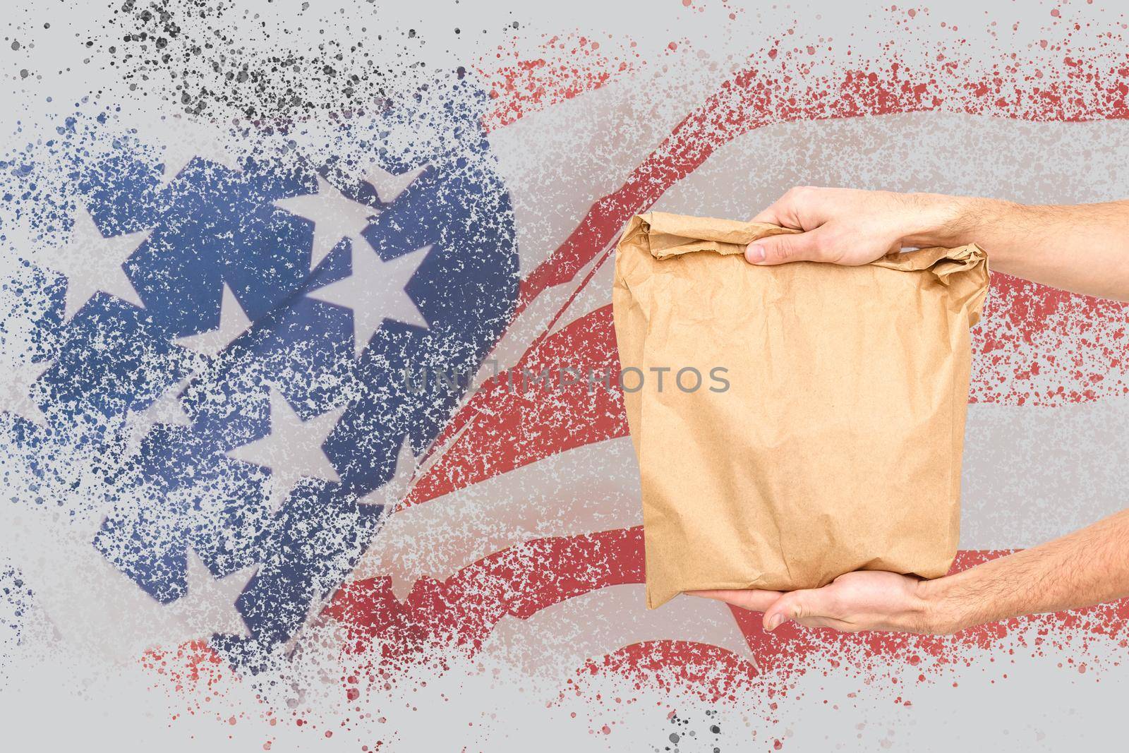 Delivery packaging brown box with america flag, illustration
