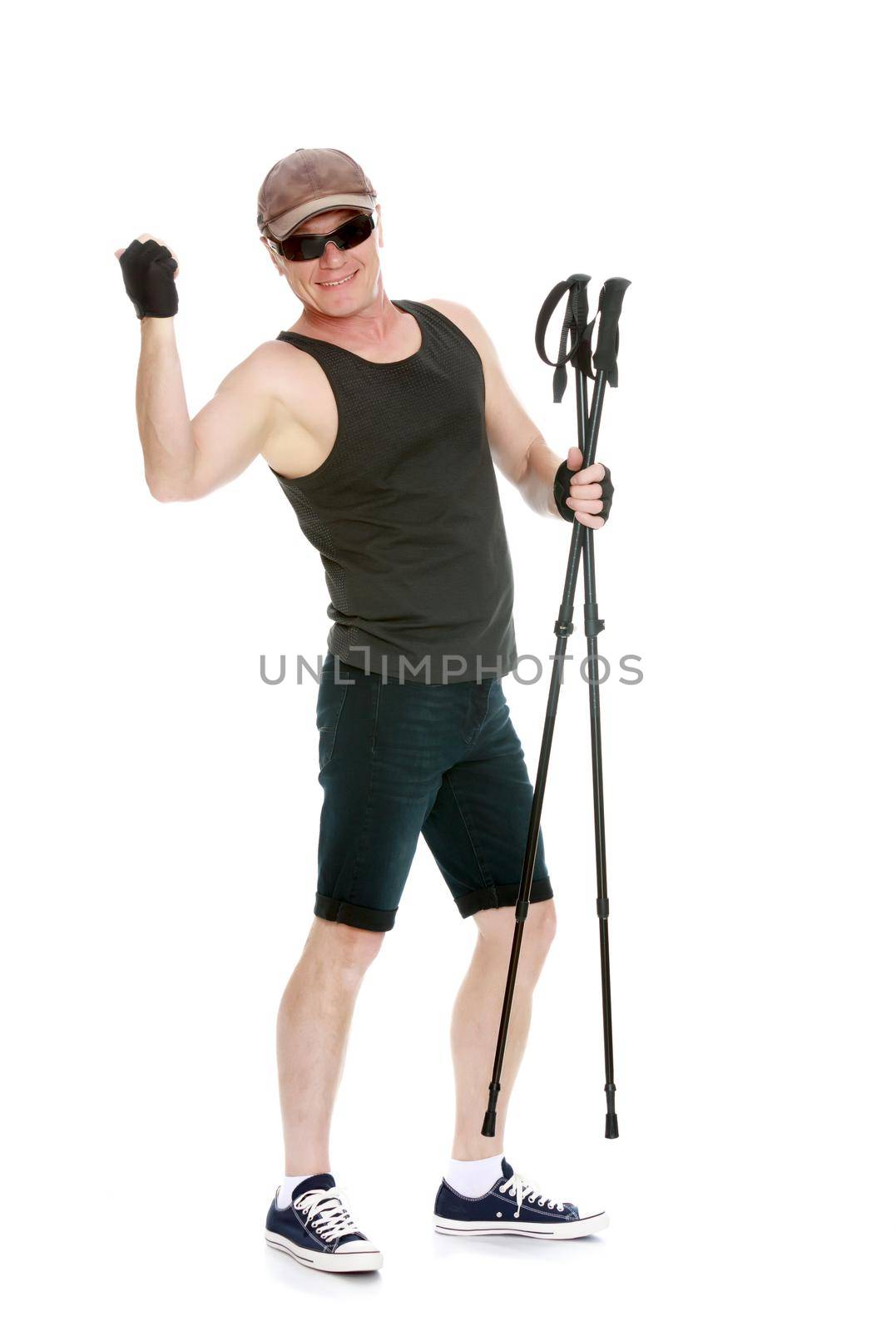 The concept of sports lifestyle and maintenance of health in adulthood. Fifty-year-old man, engaged in Nordic walking with special poles. Isolated on white background