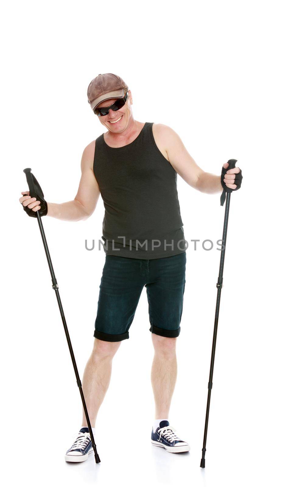 The concept of sports lifestyle and maintenance of health in adulthood. Fifty-year-old man, engaged in Nordic walking with special poles. Isolated on white background