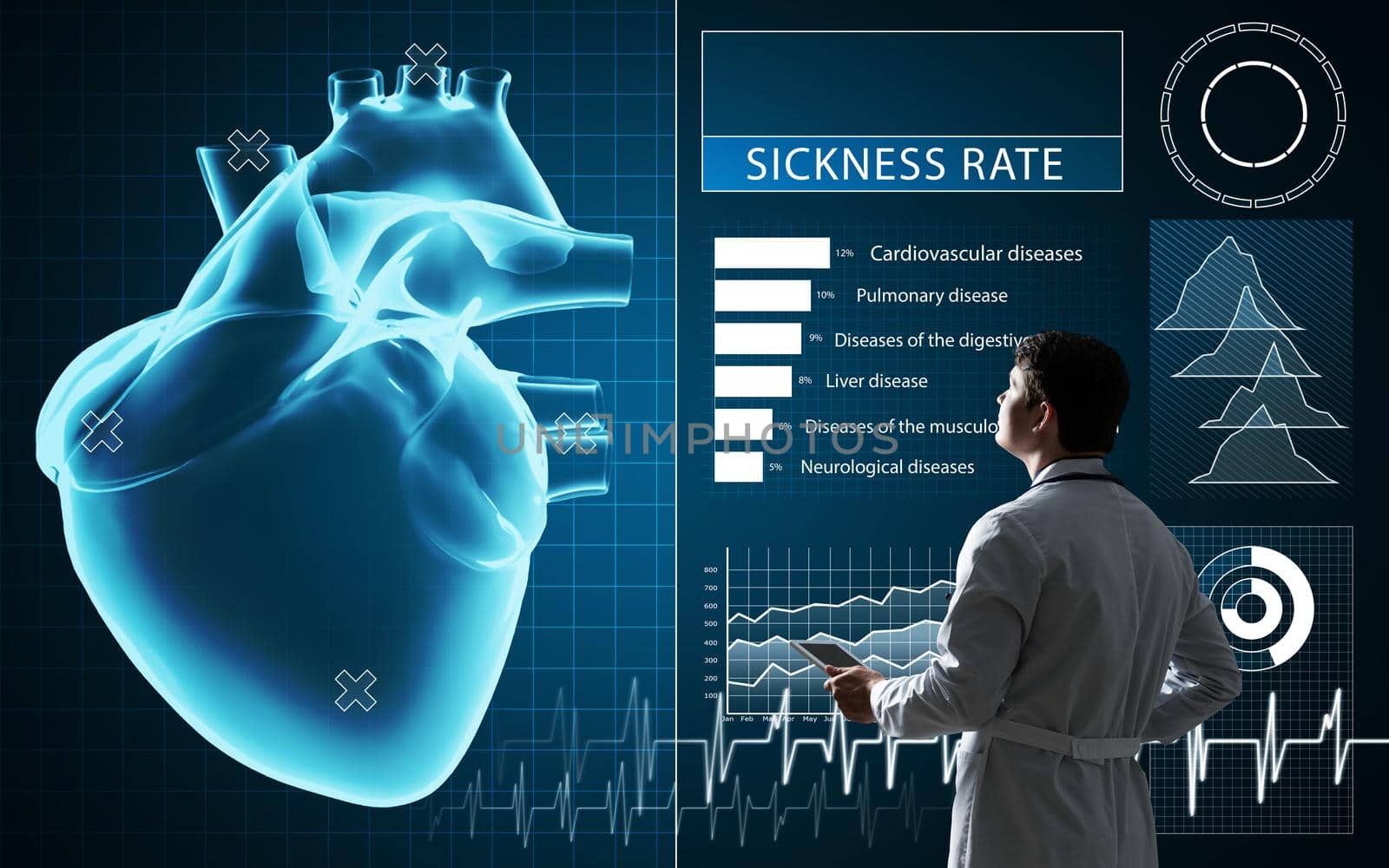 The doctor works with a virtual interface. The use of digital technology in medicine